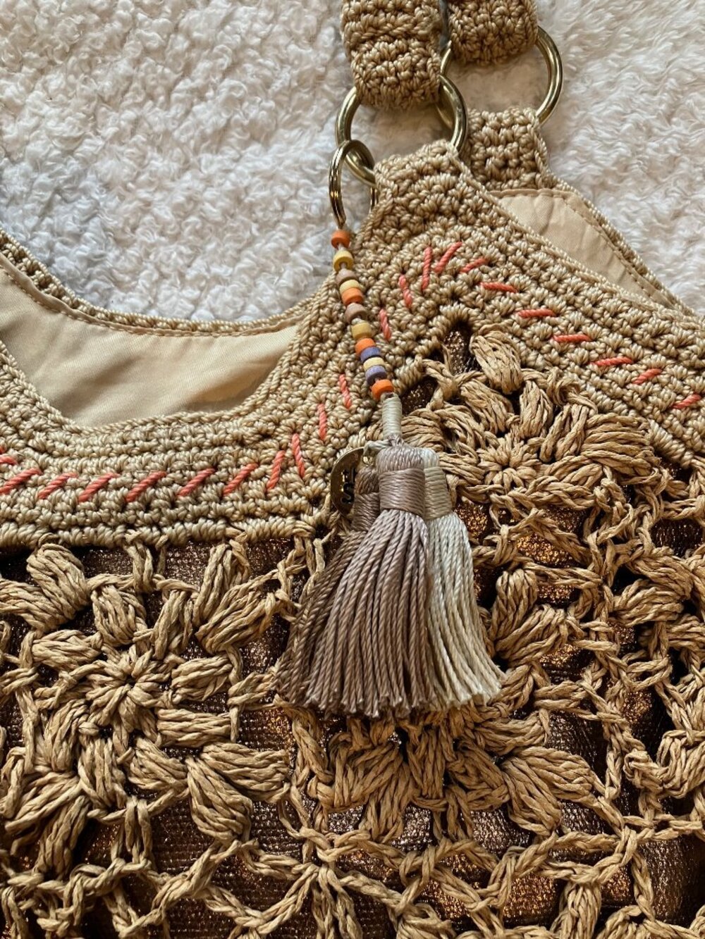 The Sak Crochet Shoulder Bag Tan Floral Knit Tassel Boho Straw Woven Tote Purse - Picture 2 of 12